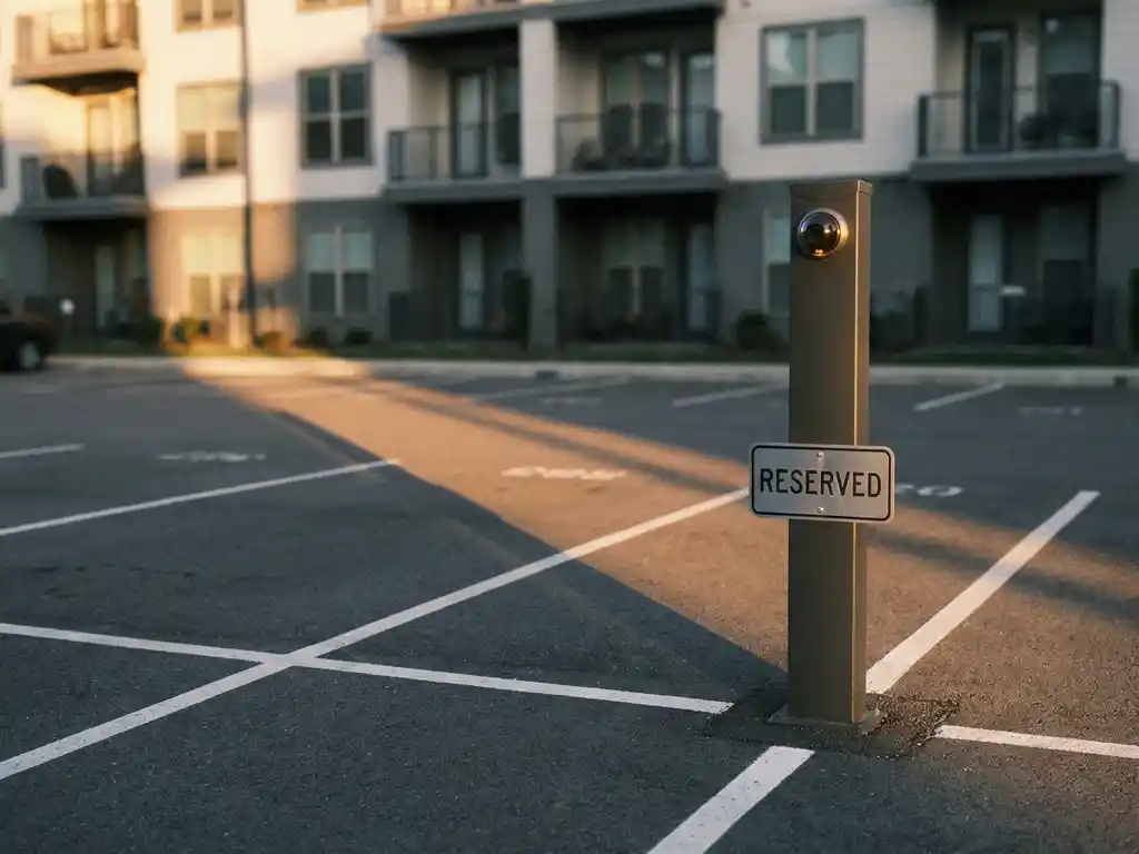 Reservierter Parkplatz mit Schild und Überwachungskamera auf modernem Pfosten, weißen Markierungslinien und urbanem Wohngebäude im Hintergrund.