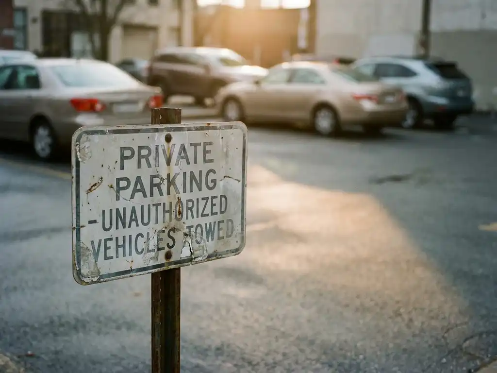 Verwittertes Privatparkplatz-Schild auf Metallpfosten vor verschwommenem Stadtparkplatz mit geparkten Autos im Hintergrund.