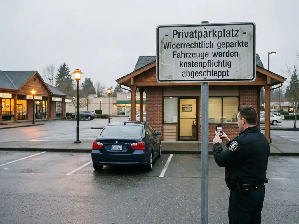 Parkwächter fotografiert Kennzeichen eines Falschparkers auf einem Privatparkplatz mit gut sichtbarem Hinweisschild.