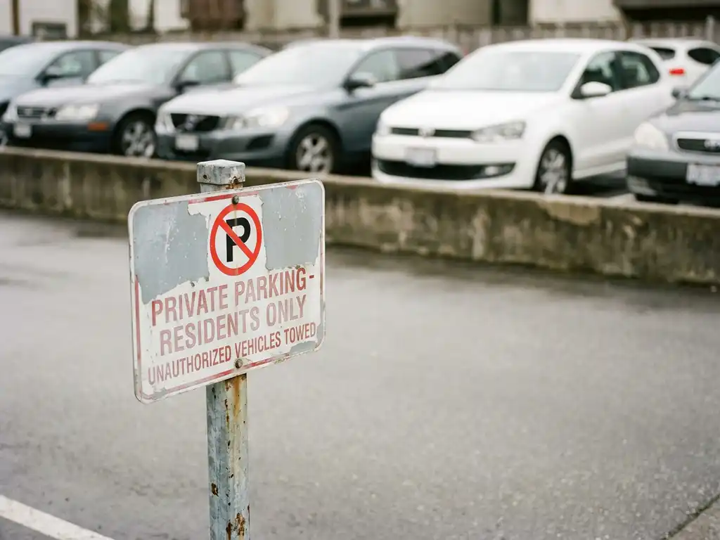 Verwittertes Privatparkplatz-Schild auf Metallpfosten in europäischem Parkplatz, im Hintergrund geparkte Autos.