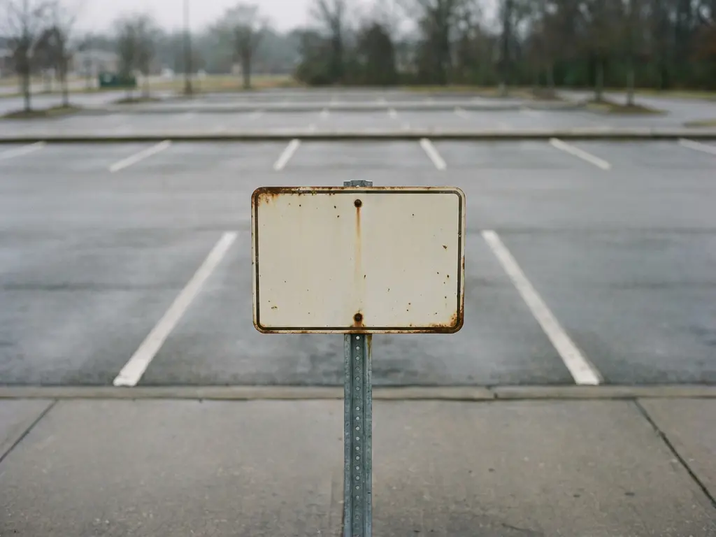 Verwittertes Privatparkplatz-Schild auf Metallpfosten, dahinter leere markierte Stellplätze auf grauem Asphalt bei bedecktem Tageslicht.