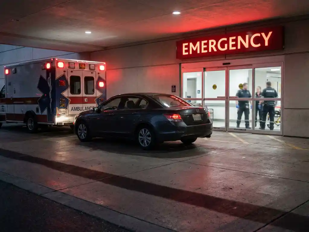 Krankenwagen an Notaufnahme-Einfahrt durch falsch geparktes Auto blockiert, Sanitäter im Hintergrund, rote Notfallbeschilderung leuchtet.