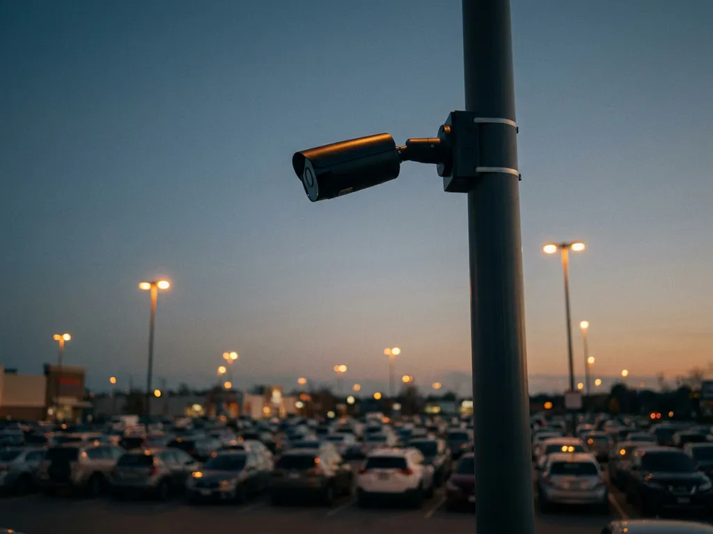 Überwachungskamera auf hohem Mast über einem Parkplatz bei Dämmerung, Straßenlaternen leuchten amber vor stahlblauem Himmel.