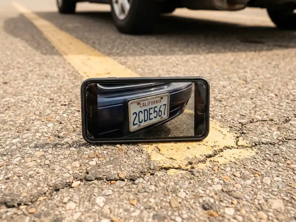 Smartphone auf Asphalt zeigt Nahaufnahme eines Kfz-Kennzeichens, gelbe Parkmarkierung im Hintergrund, Draufsicht.