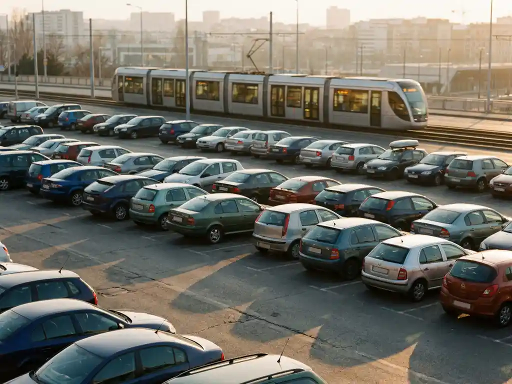 Vollbesetzter Stadtparkplatz mit bunten Autos im goldenen Nachmittagslicht, moderne Straßenbahn im unscharfen Hintergrund.