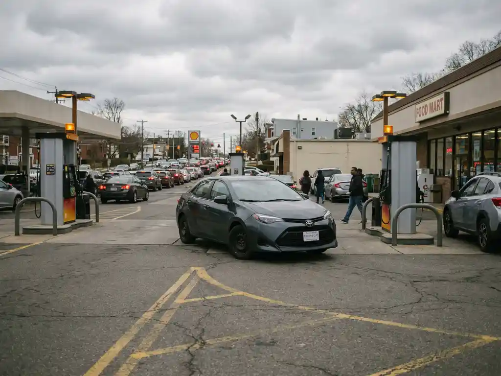 Auto durchquert Tankstellenvorplatz als Abkürzung, umgeht Straßenstau, Zapfsäulen und Convenience-Store im Hintergrund.