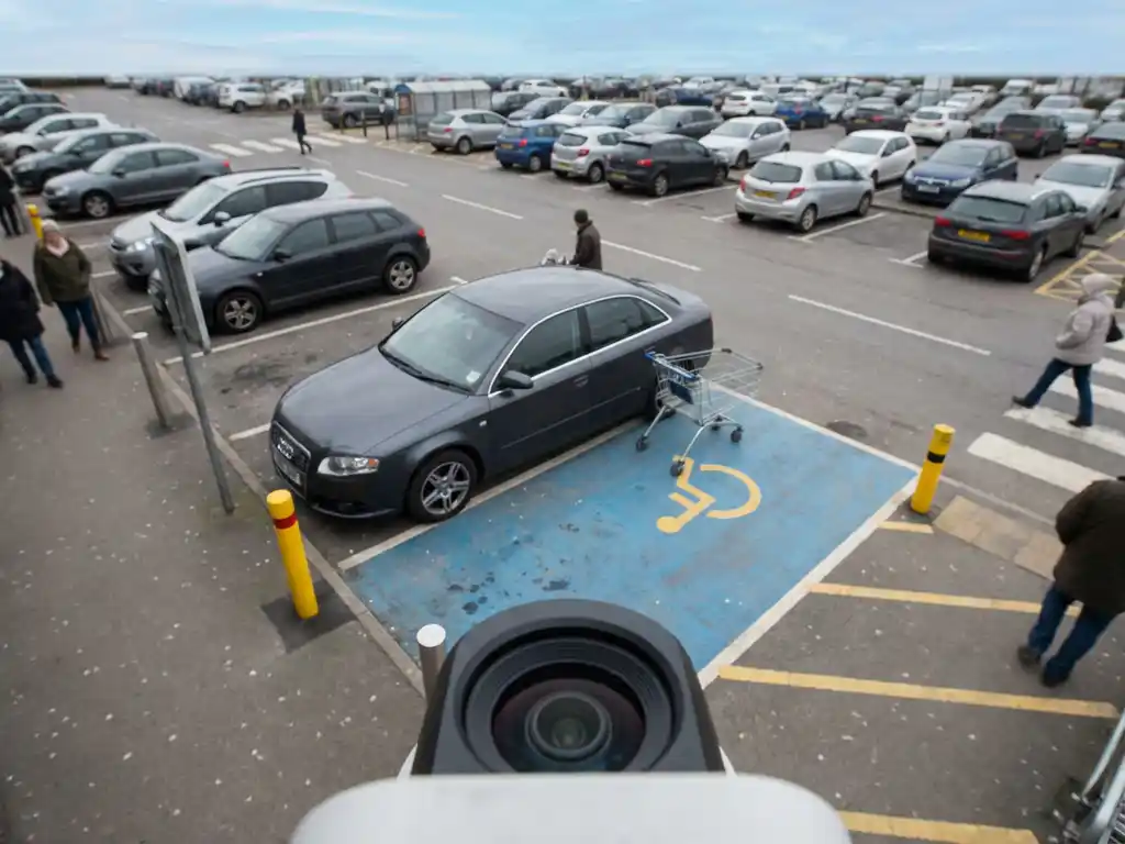 Überwachungskamera auf einem Mast über einem Supermarktparkplatz, wo ein Auto unberechtigt einen Behindertenparkplatz belegt.