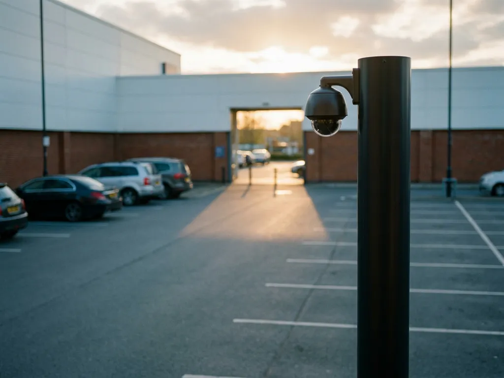Überwachungskamera auf schlankem Mast über einem gepflegten Parkplatz mit markierten Stellplätzen im warmen Nachmittagslicht.