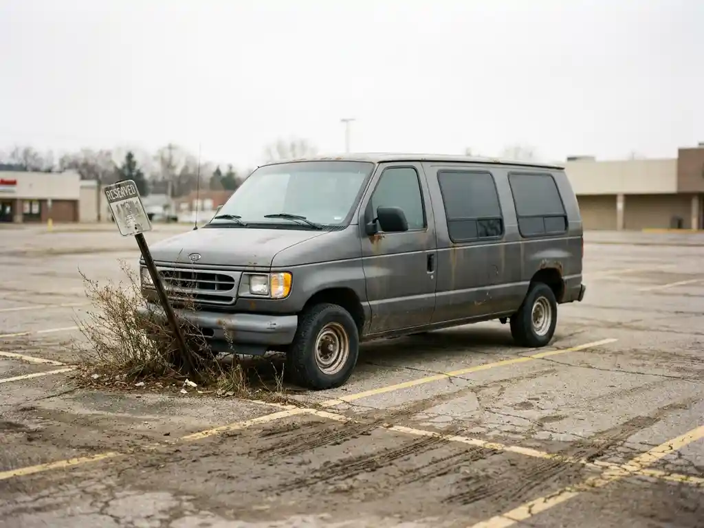 Verdächtiger Lieferwagen parkt schräg über zwei markierte Stellplätze in einem vernachlässigten Parkplatz mit verblassten Linien.