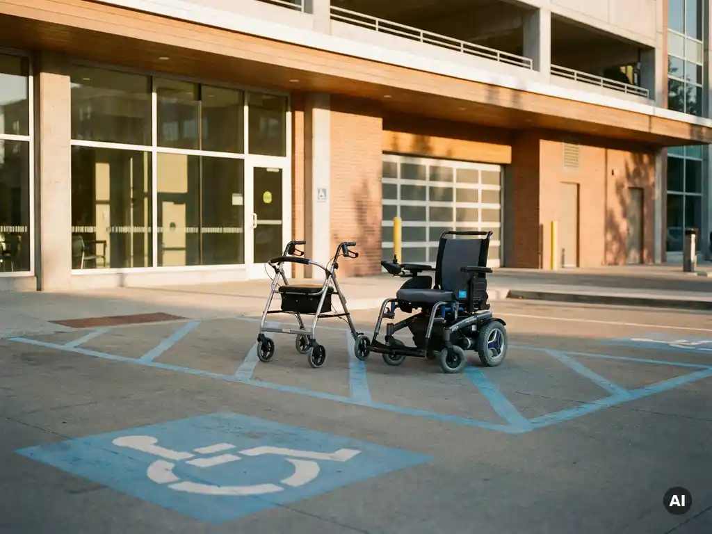 Barrierefreier Parkplatz mit blauen Markierungen, Rollator und Elektrorollstuhl nebeneinander im Nachmittagslicht.