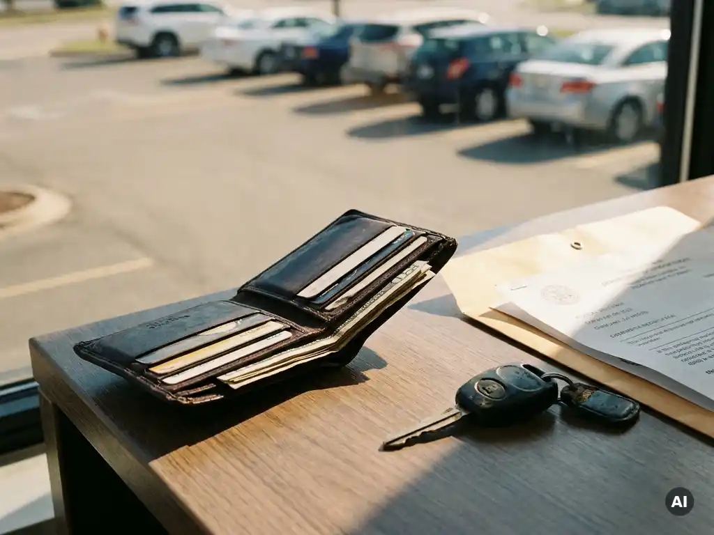 Geöffnetes Lederportemonnaie neben Autoschlüssel und gefaltetem Dokument auf einem Schreibtisch, weiches Tageslicht, Parkplatz im Hintergrund.