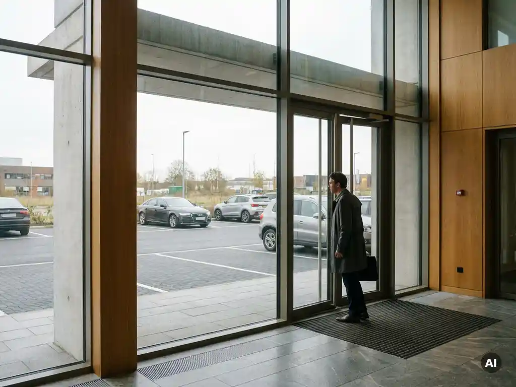 Geschäftsmann am Eingang eines modernen Bürogebäudes blickt auf einen übersichtlichen Parkplatz mit markierten Stellplätzen.