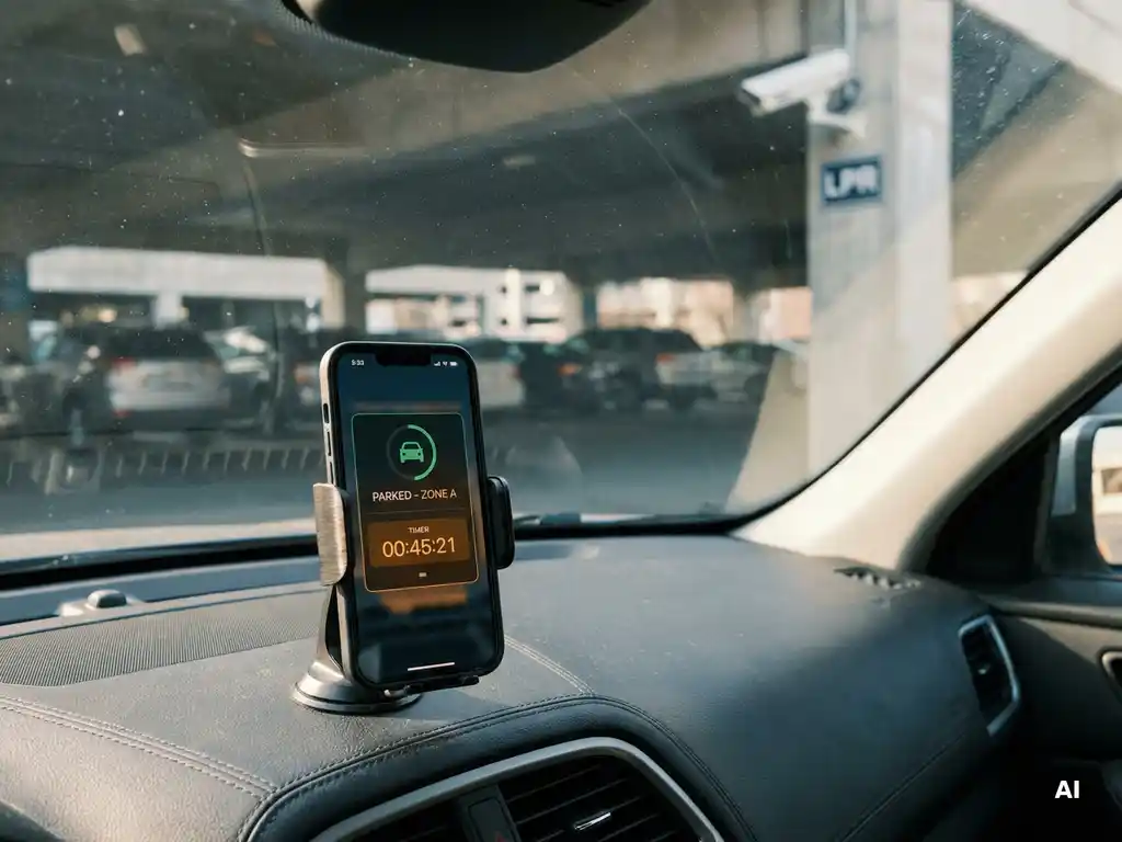 Smartphone am Armaturenbrett zeigt digitale Parkoberfläche, im Hintergrund ein städtischer Parkplatz mit Kennzeichenerkennungskamera.
