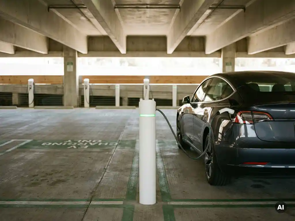 Elektroauto an weißer Ladestation in modernem Stadtparkhaus mit weiteren EV-Stellplätzen im Hintergrund.