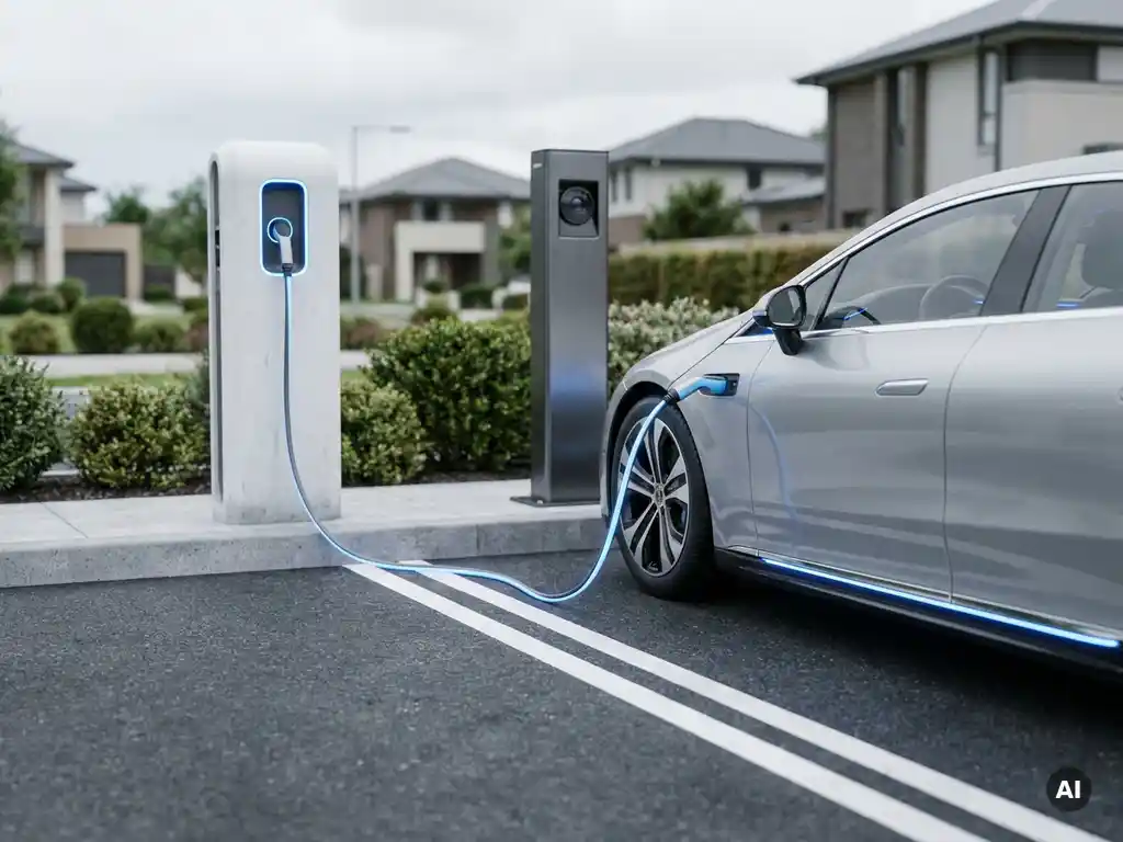 Silbernes Elektroauto an weißer Ladestation auf privatem Parkplatz mit Kennzeichenerkennungssäule im Hintergrund.