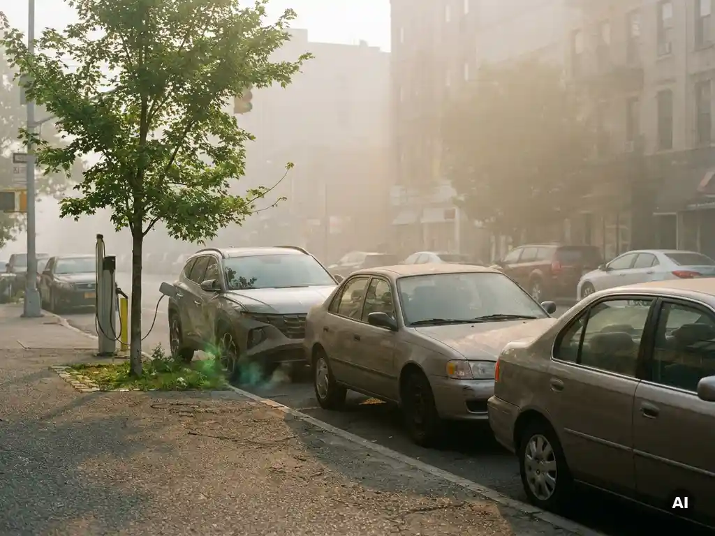 Elektroauto lädt an baumgesäumtem Stadtbürgersteig, umgeben von smogbelasteter Straße mit geparkten Fahrzeugen im Dunst.