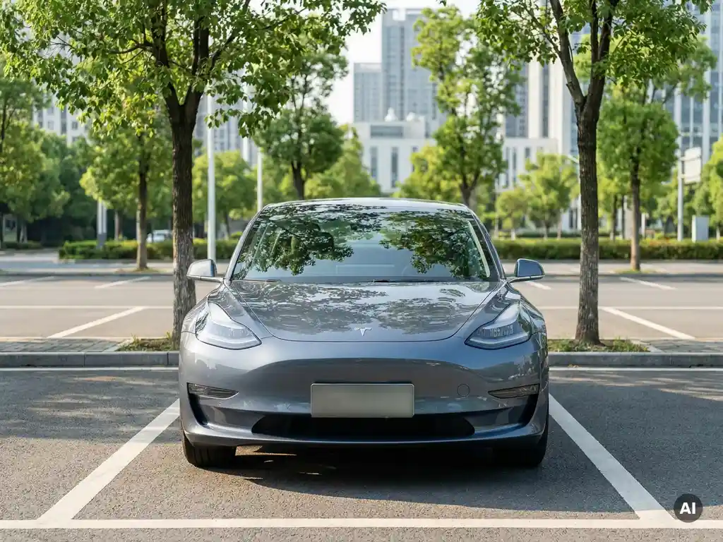 Elektroauto parkt in städtischem Parkplatz mit Stadtsilhouette im Hintergrund und grünen Bäumen im Sonnenlicht.