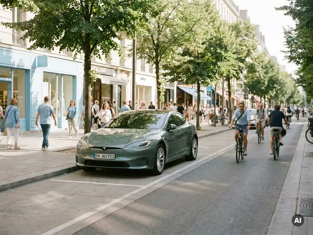 Elektroauto parkt in städtischem Parkstreifen, umgeben von Radfahrern und Fußgängern auf sonnenbeschienener Straße mit grünen Bäumen.