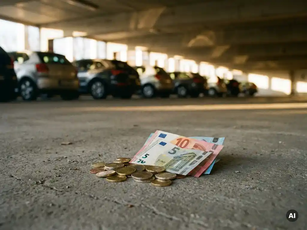 Gestapelte Euromünzen und gefaltete Geldscheine auf Betonboden eines Parkhauses, warmes goldenes Licht im Hintergrund.