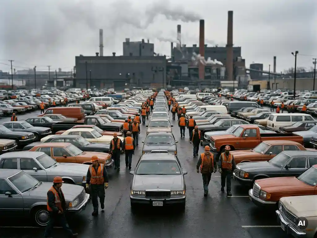 Überfüllter Industrieparkplatz beim Schichtwechsel mit doppelt geparkten Autos, Arbeitern in Warnwesten und Fabrik mit Schornsteinen im Hintergrund.
