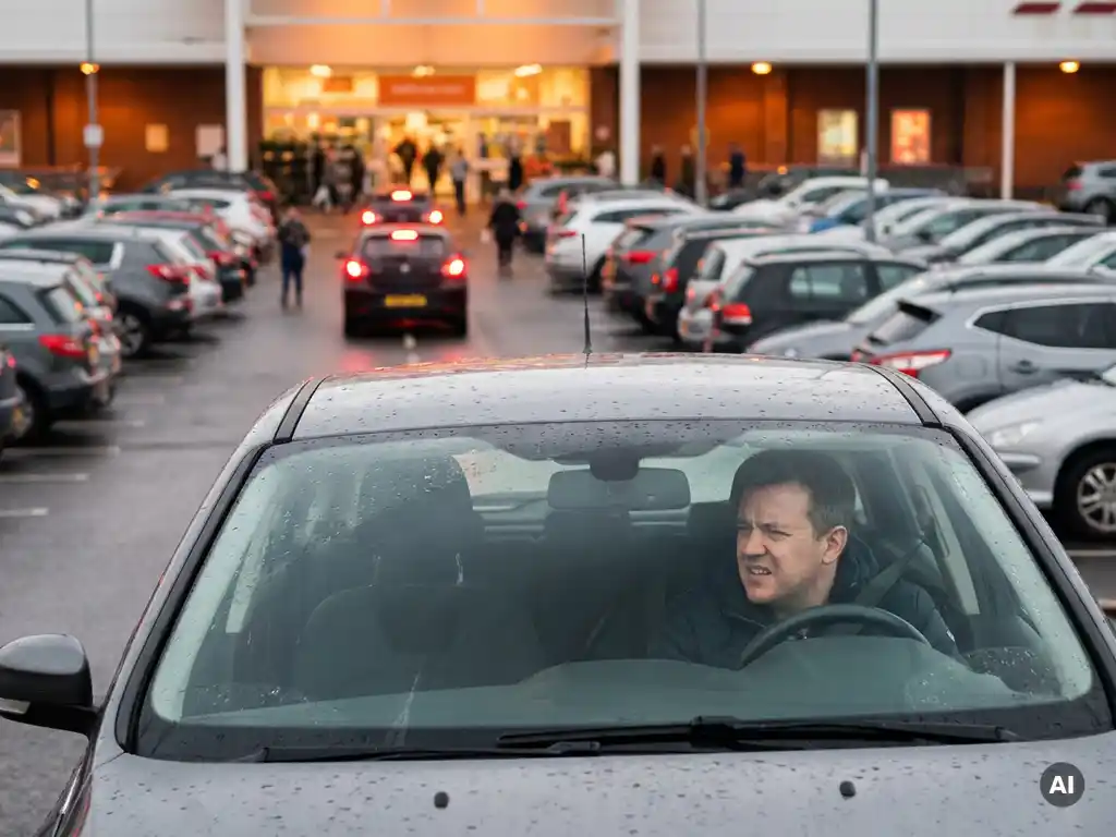 Frustrierter Fahrer im Auto verlässt überfüllten Parkplatz vor beleuchtetem Einzelhandelsgeschäft bei bewölktem Tageslicht.