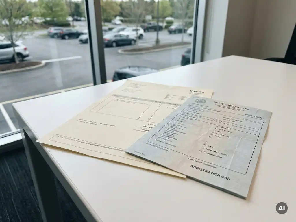 Kraftfahrzeugschein und Rechnung auf weißem Schreibtisch, verschwommener Parkplatz im Hintergrund, natürliches Seitenlicht.