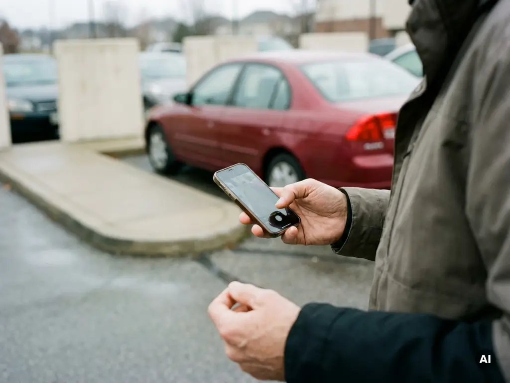 Person fotografiert heimlich mit dem Smartphone ein illegal geparktes Auto, das einen privaten Stellplatz blockiert.