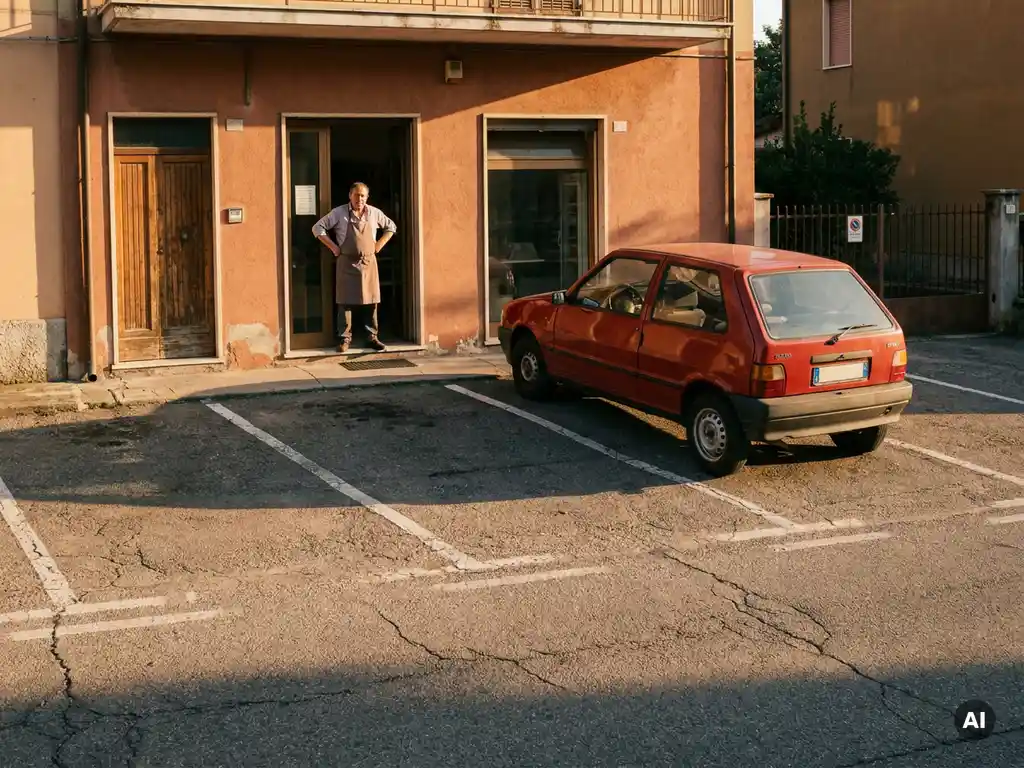 Ladenbesitzer in der Türöffnung beobachtet schräg geparktes Auto, das zwei Stellplätze blockiert, goldene Nachmittagssonne auf verblasstem Asphalt.