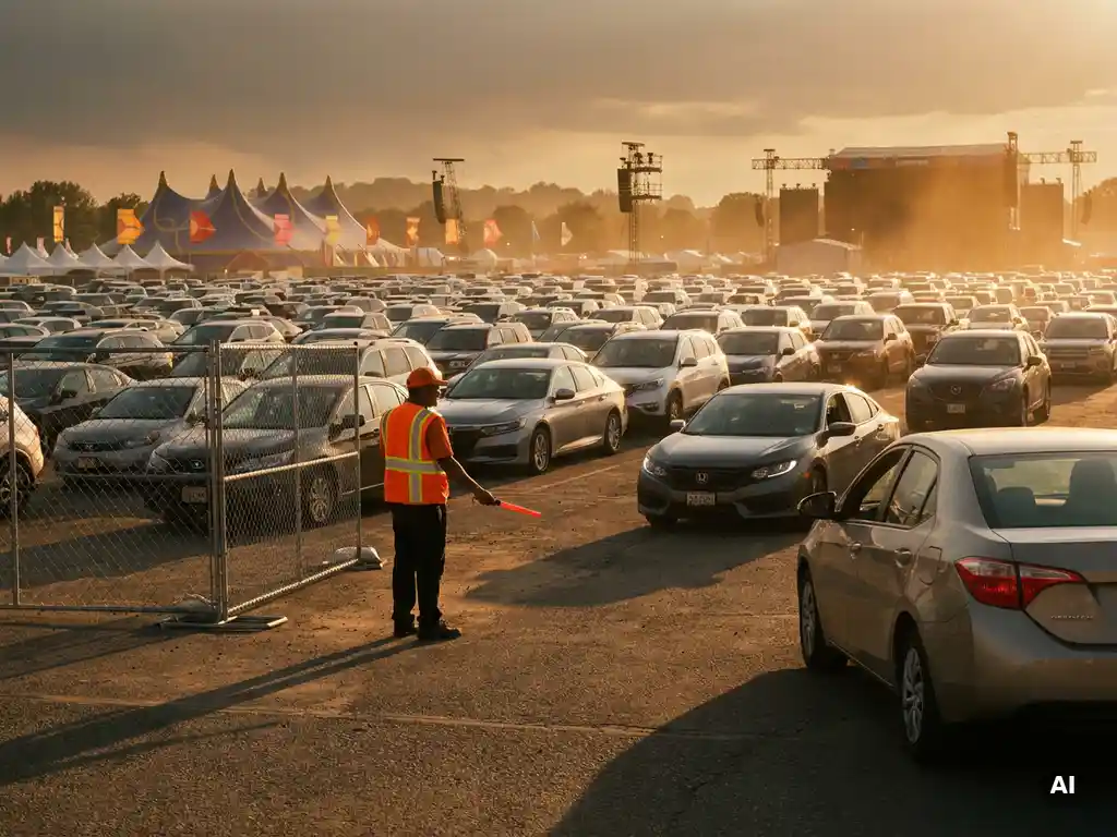 Parkplatzeinweiser in orangefarbener Weste leitet den Verkehr auf einem großen Festivalgelände bei goldenem Abendlicht.