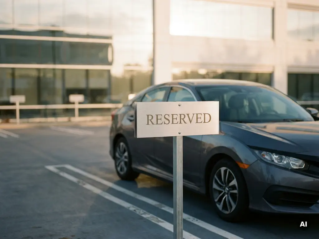 Reservierter Firmenparkplatz mit modernem Sedan, Metallschild und Glasgebäude im morgendlichen Gegenlicht.