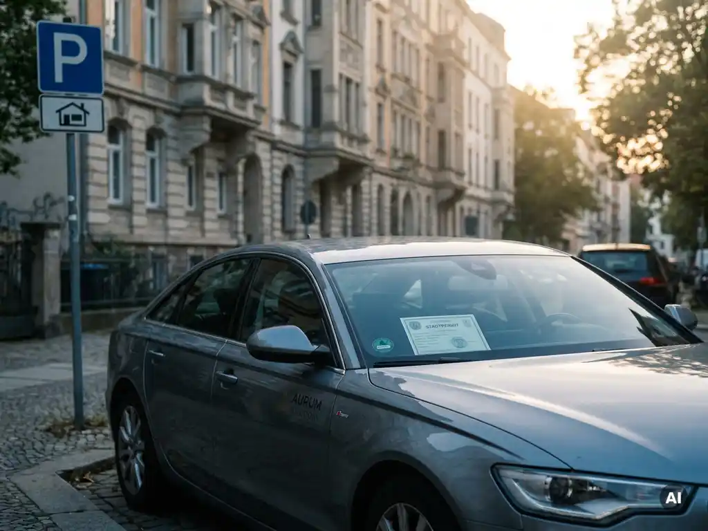 Silberne Firmenlimousine parkt neben blauem Bewohnerparkschild mit Genehmigungsdokument auf dem Armaturenbrett, europäische Wohnstraße.
