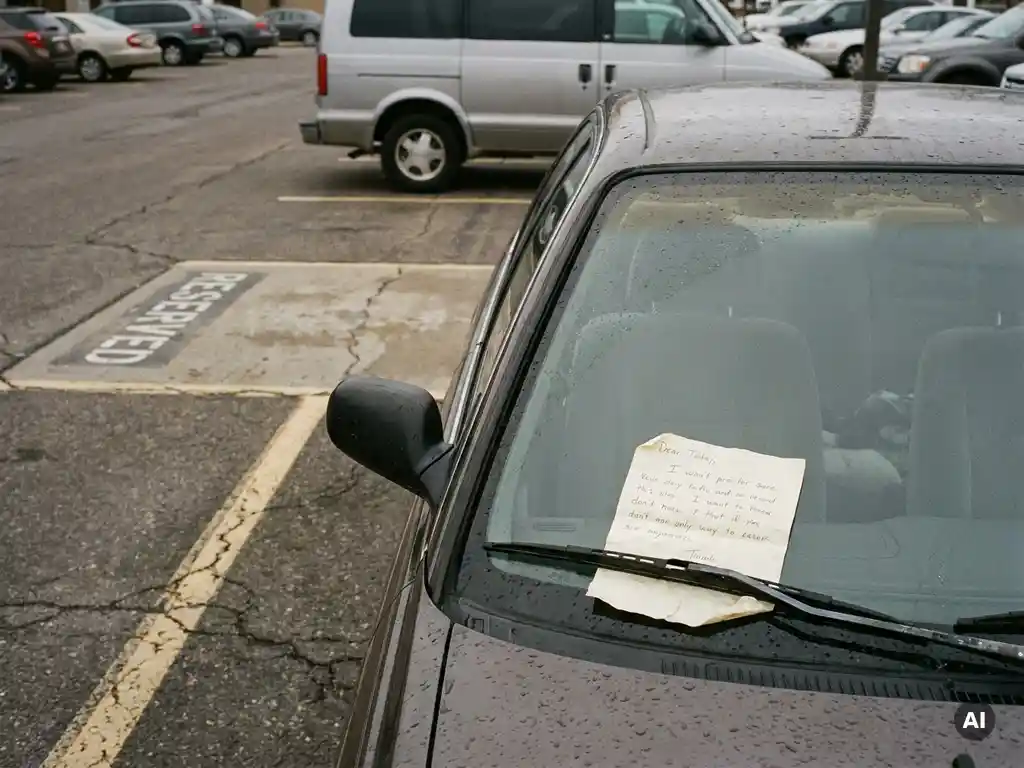 Handgeschriebener Zettel unter einem Scheibenwischer auf einem überfüllten Parkplatz mit verblassten Markierungen und falsch geparktem Fahrzeug.