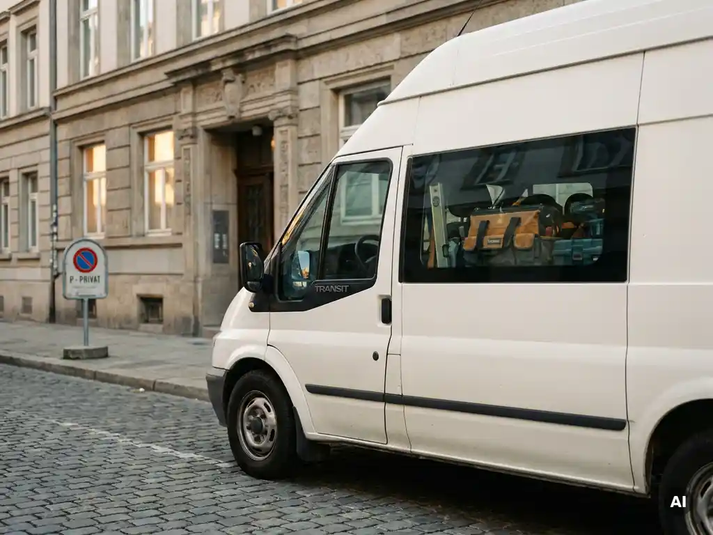 Weißer Handwerkerbus vor einem europäischen Wohngebäude, Werkzeuge im Seitenfenster sichtbar, Halteverbotsschild auf dem Kopfsteinpflaster.