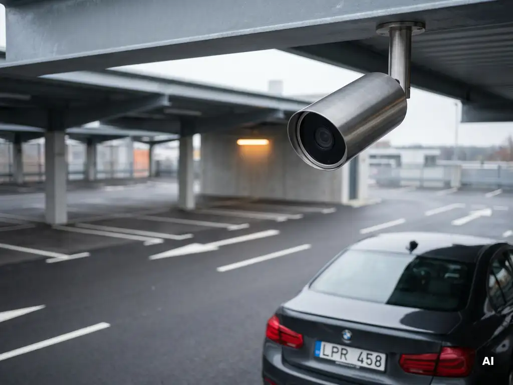 Overhead-Kamera an einer Parkplatzeinfahrt erfasst ein Fahrzeugkennzeichen auf sauberem Asphalt mit weißen Markierungen.