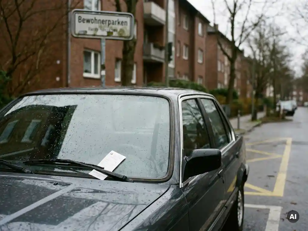 Strafzettel unter dem Scheibenwischer eines geparkten Autos in einer Bewohnerparken-Zone mit Straßenschild im Hintergrund.