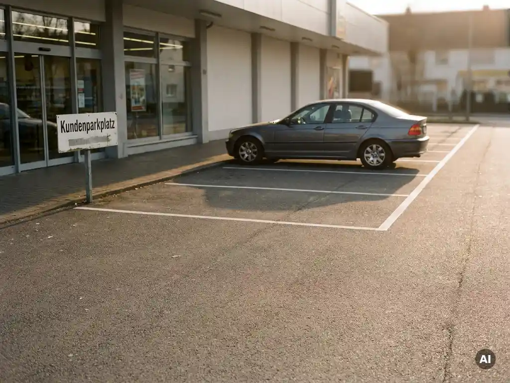 Leerer Kundenparkplatz vor einem Ladeneingang mit weißen Markierungen, einem geparkten Auto und langem Nachmittagsschatten.