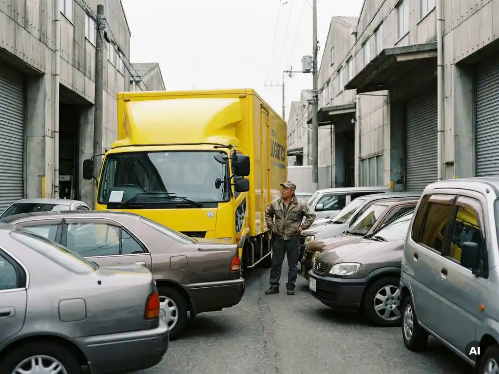 Gelber Lieferwagen in enger Industriestraße durch falsch geparkte Autos blockiert, frustrierter Fahrer steht daneben.