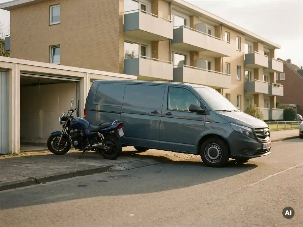Lieferwagen und Motorrad blockieren illegal einen Gehweg und eine Einfahrt in einer Wohnstraße, weiches Nachmittagslicht.