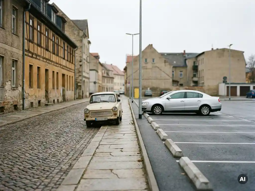 Verwittertes Kopfsteinpflaster einer ostdeutschen Altstadt trifft auf westdeutschen Parkplatz mit Trabant und modernem Silberfahrzeug.