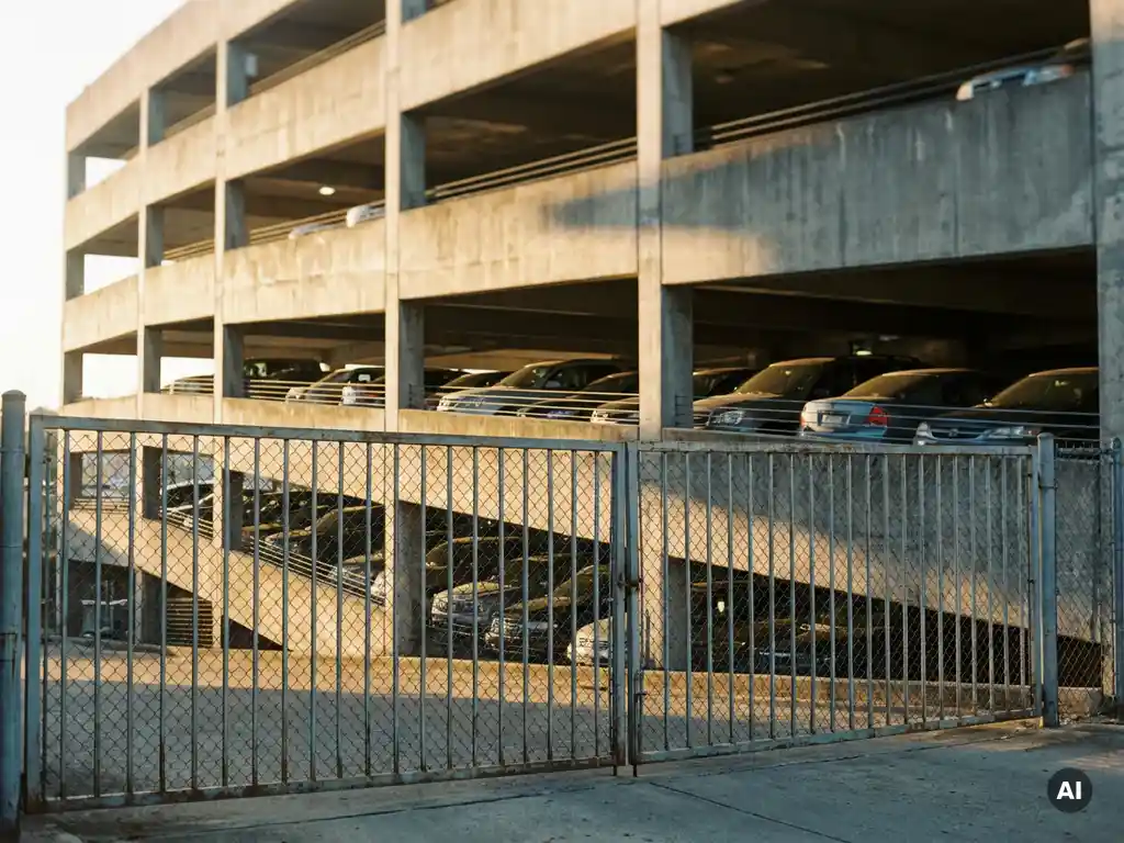 Mehrstöckiges Betonparkhaus im Morgenlicht mit langen Schatten, gereihten Fahrzeugen und verwittertem Metalleingangstor im Vordergrund.