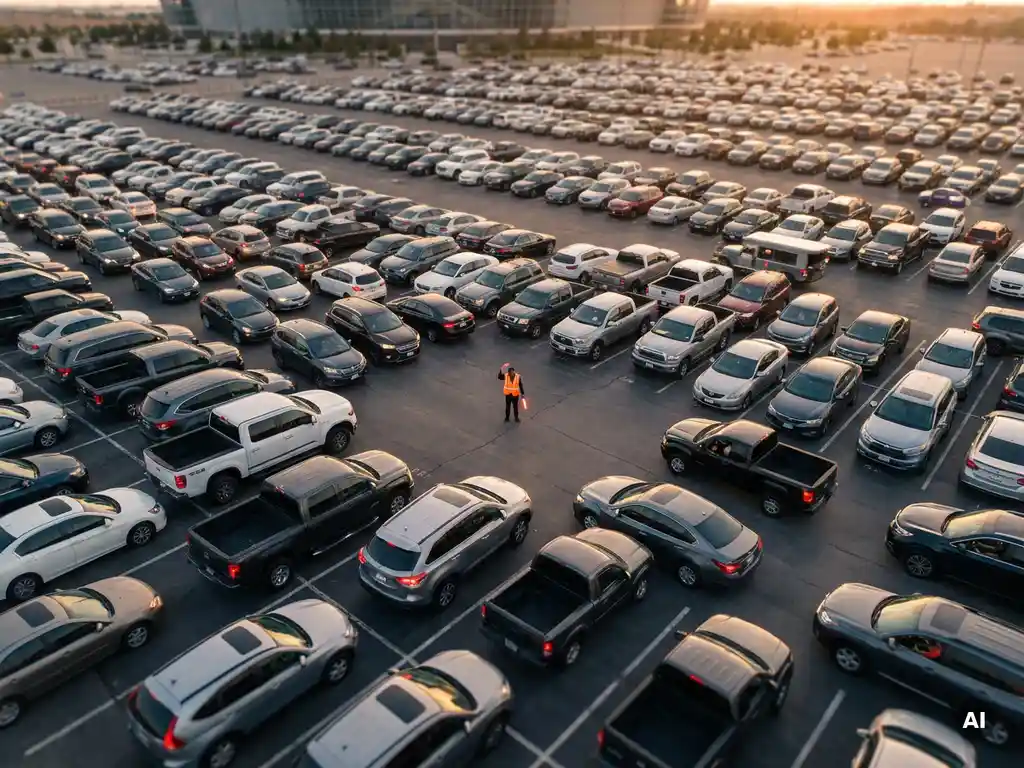 Verkehrsmarshal in orangener Warnweste steht hilflos in überfülltem Stadionparkplatz bei goldenem Abendlicht.