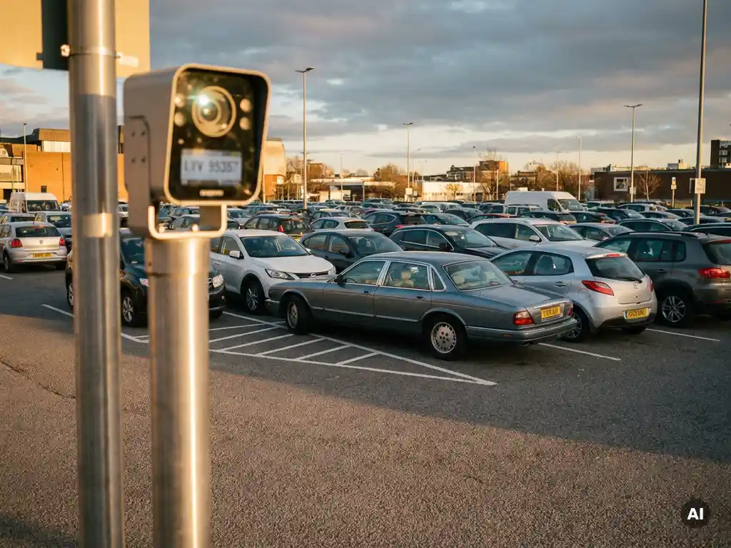 Kennzeichenerkennungskamera auf modernem Mast scannt dicht beparkte Stadtparkplatz bei goldenem Abendlicht, Fahrzeug blockiert markierte Stellfläche.