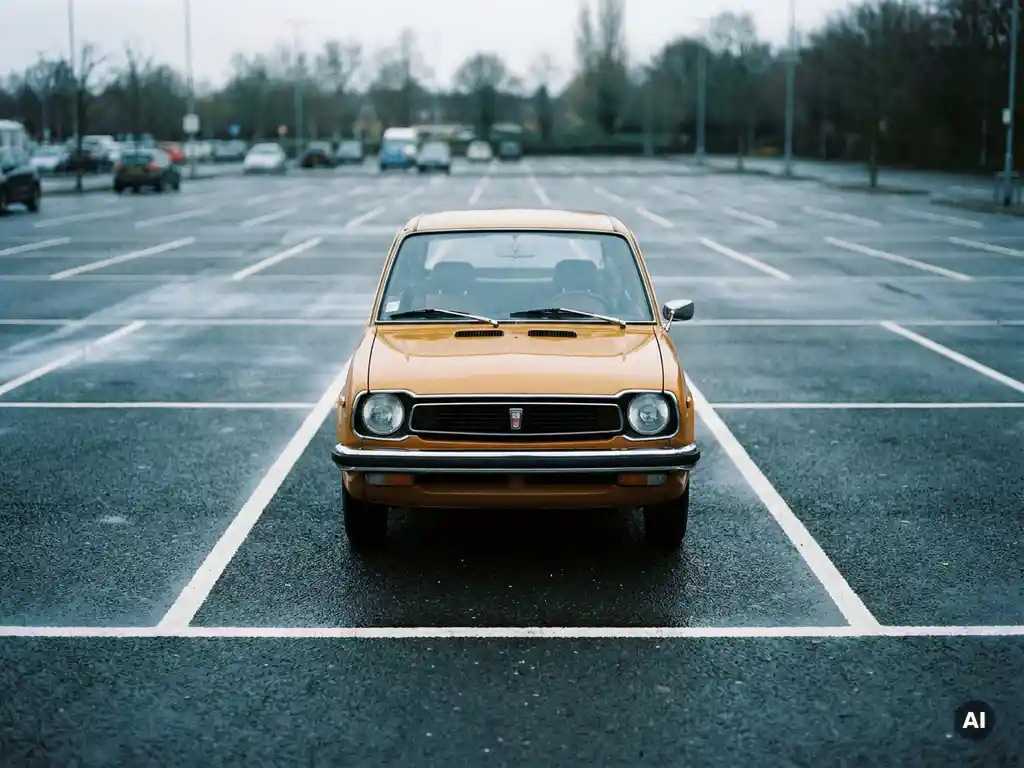 Kompaktes Fahrzeug in markierter Parklücke mit weißen Linien auf Asphalt, offener Parkplatz im Hintergrund bei bedecktem Tageslicht.