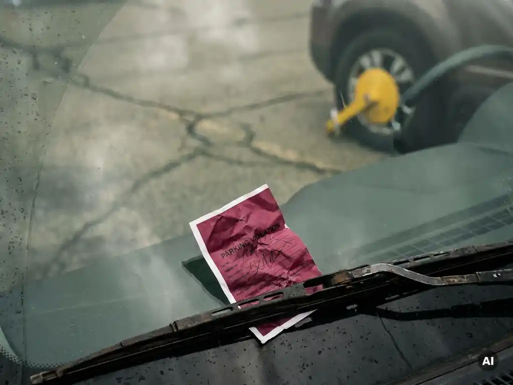 Zerknitterter Strafzettel unter einem Scheibenwischer, Parkkralle am Vorderreifen sichtbar, urbaner Parkplatz bei bewölktem Tageslicht.