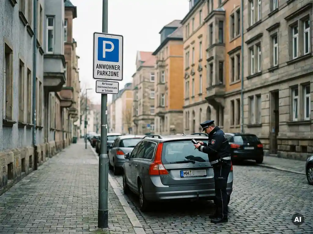 Parkwächter fotografiert Kennzeichen eines Autos in einer Anwohner-Parkzone ohne sichtbaren Ausweis.
