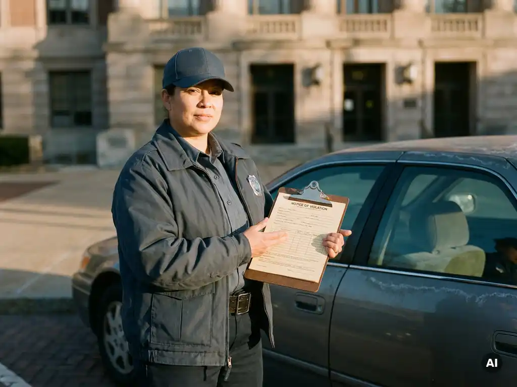 Parküberwachungsbeamter in Uniform hält amtliches Antragsformular neben geparktem Auto, Behördengebäude im Hintergrund.