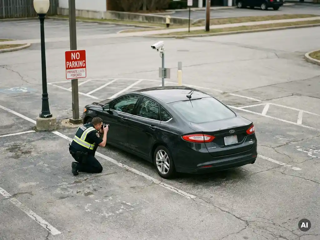 Parkwächter fotografiert ein Auto, das zwei markierte Stellplätze auf einem Privatparkplatz blockiert, mit Überwachungskamera im Hintergrund.