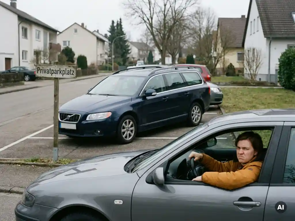 Falsch geparktes Auto blockiert einen Privatparkplatz mit Schild, während ein zweiter Fahrer in einer Wohngegend wartet.