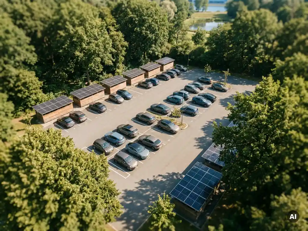Luftaufnahme eines grünen Parks mit Solaranlage, Elektrofahrzeugen auf gepflegtem Parkplatz und schattenspendenden Bäumen im Mittagslicht.