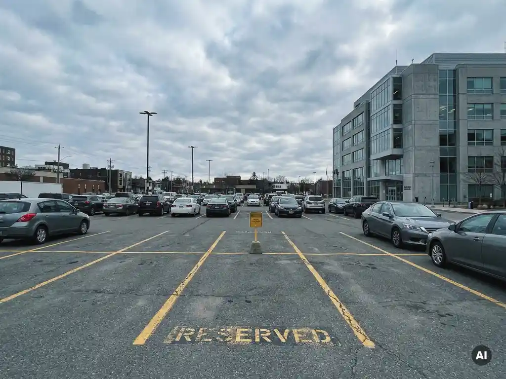 Halbgefüllter städtischer Parkplatz neben modernem Rathaus mit einem leeren reservierten Stellplatz, verblasste Markierungslinien, bewölkter Himmel.